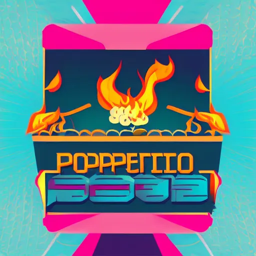 Prompt: vector futurist style logo for with a popcorn on fire with mirrorshades, clean composition, symmetrical