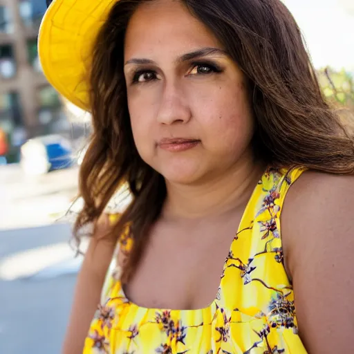 Prompt: close up portrait of a beautiful, attractive brown hair woman, wearing a yellow sundress, in downtown Los Angeles