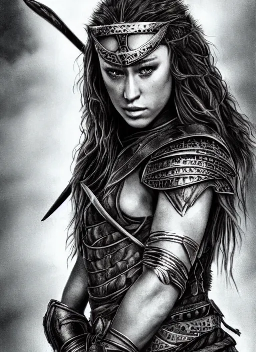 Prompt: alycia debnam - carey as a barbarian warrior, legendary warrior, tattoos, piercings, fur and leather armor, beautiful, realistically detailed shading, 8 k, hyper realistic art, photo realism, robin eley, deviantart