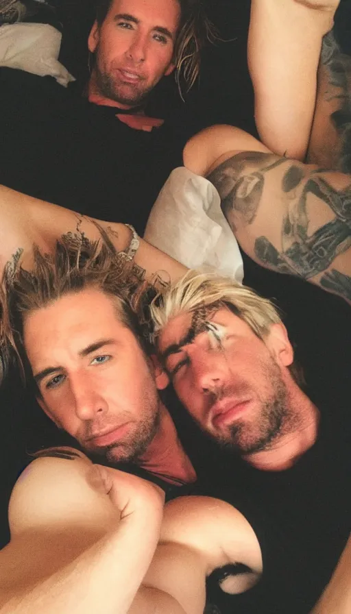 Prompt: chad kroeger snapchat selfie laying in bed with a black tanktop