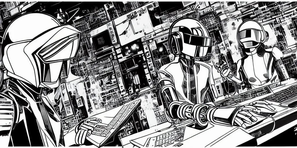 Image similar to detailed manga artwork of 2 Daft Punk robot rock using Apple notebook Macbook at an underground warehouse rave in Ibiza, playing techno house music, thousands of beautiful girls in bikini dancing, in the style of manga illustration, wires, speakers, trending on artstation