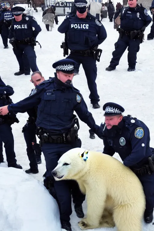 Prompt: A polar bear getting arrested by the police