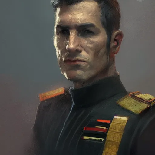 Prompt: portrait of a man by greg rutkowski, british features, short black hair in military style, straight jaw, tall and strong, star wars expanded, universe, he is about 3 0 years old, wearing imperial admiral uniform, artstation hq
