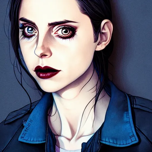 Image similar to loish, artgerm, Joshua Middleton art, Rafeal Albuquerque, pretty Alison Brie serial killer holding bloody knife in right hand realistic hand, blood on clothes and face, sarcastic smile, symmetrical eyes, symmetrical face, jean jacket, jeans, short blonde hair, middle shot, night time, deep blacks