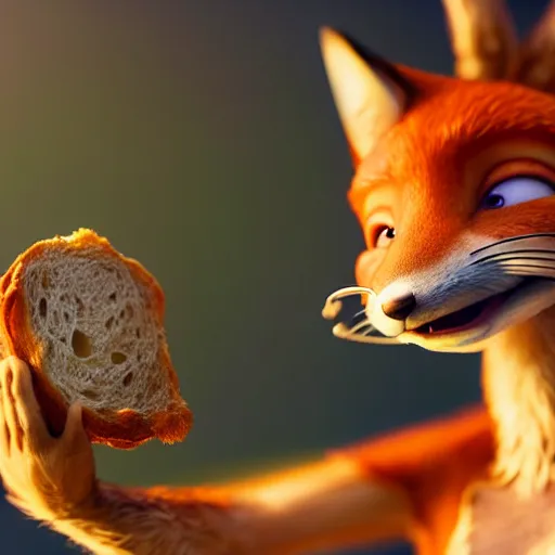 Prompt: weta disney pixar movie still macro close photo of smiling anthropomorphic fox holding on nose a bread with face : : by weta, greg rutkowski, wlop, ilya kuvshinov, rossdraws, artgerm, octane render, iridescent, bright morning, anime, liosh, mucha : :