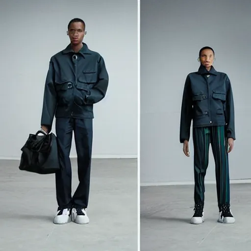 Image similar to realistic photoshooting for a new balenciaga lookbook color film photography of a beautiful woman model, model wears a workwear jacket, photo in style of tyler mitchell, ssense