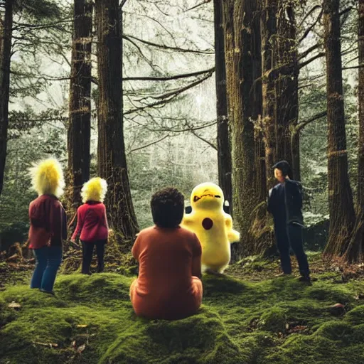 Prompt: photograph of a group of people worshipping a giant!!!, fluffy!!!, chubby!!!, pikachu in a forest, ultra realistic!!!, spring time, slight overcast weather, ( golden hour ), sharp focus