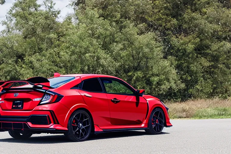 Prompt: 2 0 2 0 civic coupe type r from behind, carbon fiber wing spoiler, volk wheels