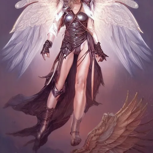 Prompt: portrait of young aasimar angel girl maiden wearing comfy leather armor with beautiful feathered angel wings, Emily Ratajkowski, Alessandra Ambrosio, innocent, intricate, elegant, highly detailed, digital painting, artstation, concept art, smooth, sharp focus, illustration, art by artgerm and greg rutkowski and alphonse mucha
