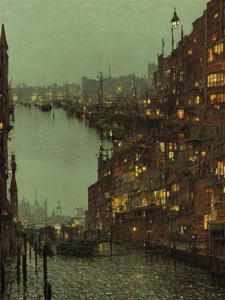 Image similar to docks in an old town by john atkinson grimshaw