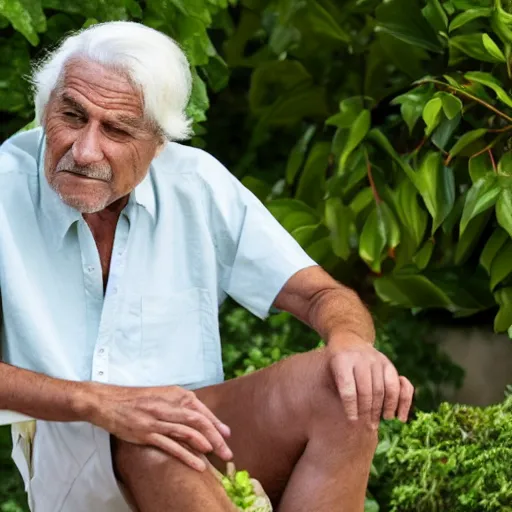 Image similar to mid white hair old man tanned skin with green shirt and white short, sitting in ile de re house garden