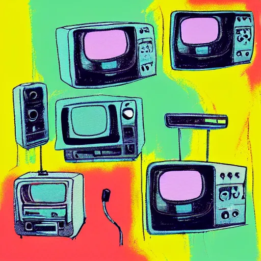 Prompt: array of crt televisions, tv static, blob, technology, antenna, stacked, junkyard, polaroid, steroids, adult video store, impressionist painting, painting, acrylic painting, cell shaded, by andy warhol