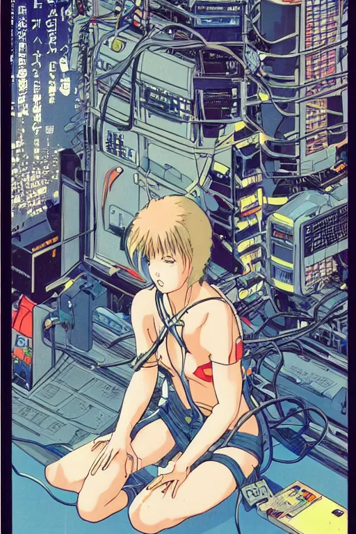 Image similar to an awe inspiring 1980s japanese cyberpunk anime style illustration of an android girl seated on the floor in a tech labor, seen from the side with her back open showing cables and wires coming out, by masamune shirow and katsuhiro otomo, studio ghibli color scheme, dark, complex