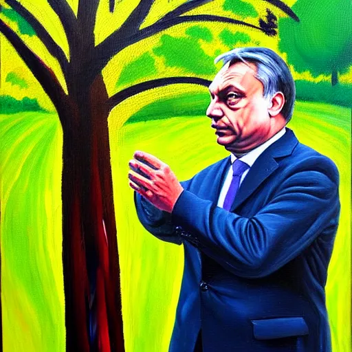 Image similar to viktor orban protecting a tree, oil painting