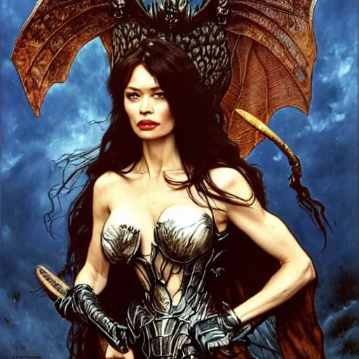 Prompt: head and shoulders portrait of an armored erinyes devil with huge bat wings, portrayed by olga kurylenko, d & d, fantasy, luis royo, magali villeneuve, donato giancola, wlop, krenz cushart, hans zatka, klimt, alphonse mucha