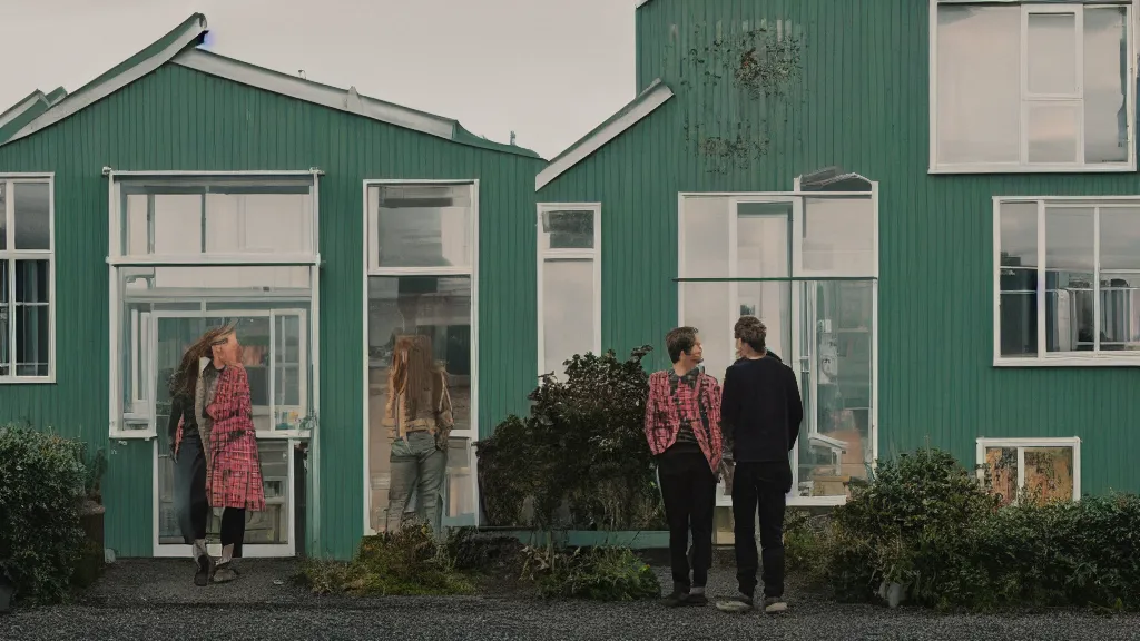 Prompt: a couple, green house, quiet street, reykjavik, sunset lighting, rim light, hyper realistic, 1 0 5 mm, cinematic frame