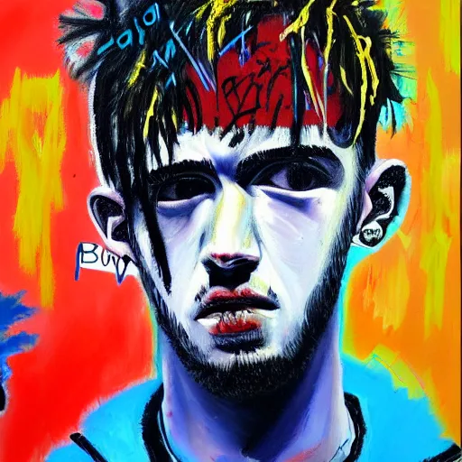 Image similar to detailed neo expressionism oil painting of sad boy lil peep rapper by basquiat