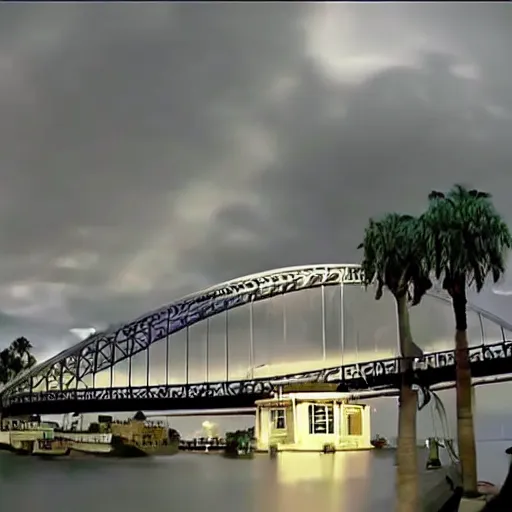 Image similar to blue hour, mostly cloudy sky, palm trees, bridge, curved bridge, dusk, 2 4 0 p footage, 2 0 0 6 youtube video, 2 0 0 6 photograph, home video