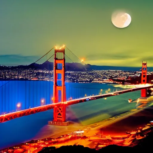 Prompt: photo of Golden Gate bridge at night full moon city lights background