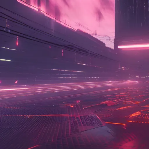 Image similar to « glowing neon lights, sunrise, cyberpunk, alita battle angel, blade runner, rainy, cold, clouds, far view, photorealistic, unreal engine 5, sharp focus »