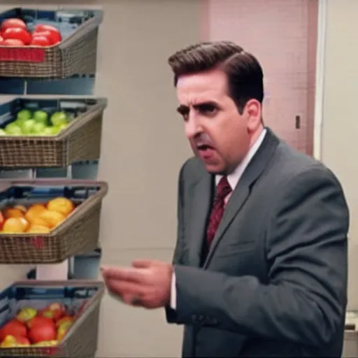 Prompt: Michael Scott throwing tomatoes in the Office