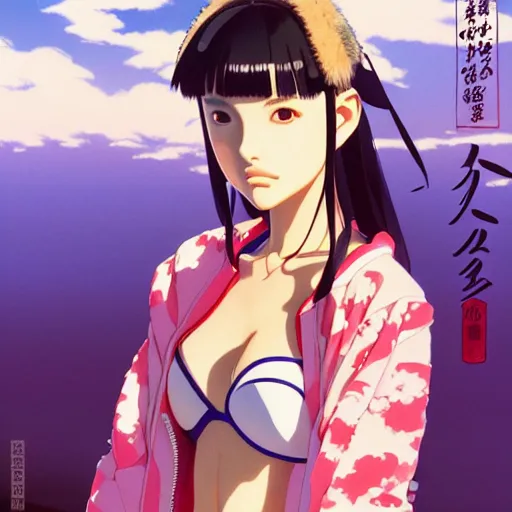 Image similar to a beautiful japanese natalie portman gravure model, wearing oversized native designer bomber jacket and leotard, bulky poofy bomber jacket with mesoamerican patterns, mesoamerican native street fashion, gapmoe yandere grimdark, trending on pixiv fanbox, painted by greg rutkowski makoto shinkai takashi takeuchi studio ghibli, akihiko yoshida