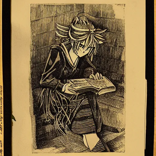 Image similar to Kirisame marisa, touhou, engraving, old book, etching
