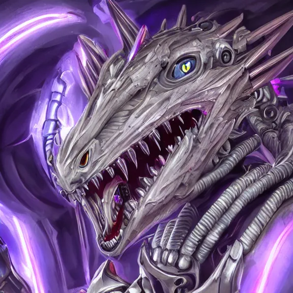 Image similar to detailed mawshot of a giant beautiful stunning goddess anthropomorphic hot robot mecha female dragon, silver sharp streamlined armor, detailed maw, glowing Purple LED eyes, eating a tiny human, food pov, micro pov, dragon art, macro art, furry art, vore, furaffinity, DeviantArt, Eka's Portal, G6