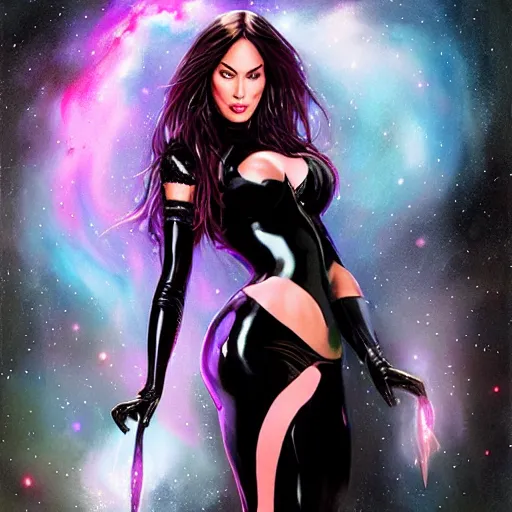 Image similar to portrait of megan fox as zartanna, wearing a tight black latex dress with galaxy lights and stars, sultry muscular body, fantasy, intricate, elegant, highly detailed, digital painting, artstation, concept art, matte, sharp focus, perfect face symmetry, illustration, art by aenaluck and roberto ferri and greg rutkowski, epic fantasy, digital painting