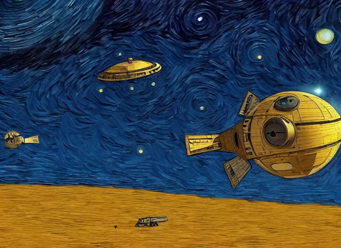 Image similar to a single cargo spaceship taking off seen from the surface of a small town on a desert planet, star wars, digital art, trending on art station, in the art style of vincent van gogh starry night