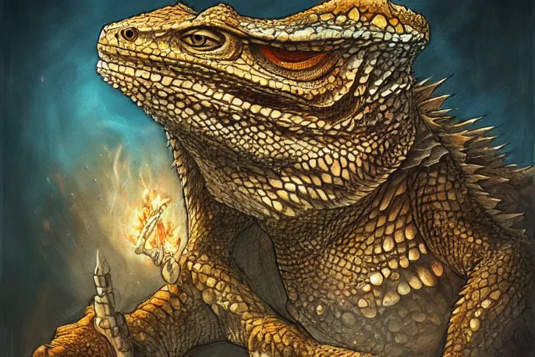 Prompt: 1979 Portrait of a bearded dragon wizard in high fantasy style by Chris Rahn. Trending on r/characterdrawing