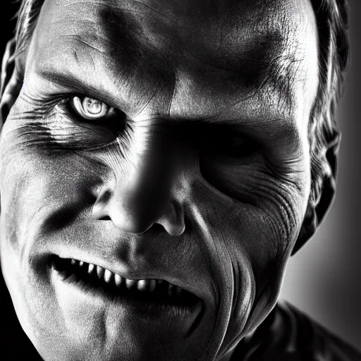 Prompt: Jerma985 with a cheek to cheek smile, sinister looking, evil intent, horror, uncanny, detailed, high resolution, sharpened, close-up, professional photography