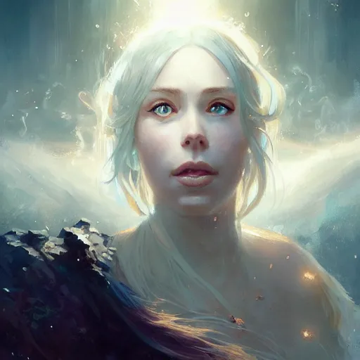 Image similar to a portrait of a beautiful hopeful lady with pretty eyes, beautiful eyes, looking up onto the sky, light smiling, art of wlop and greg rutkowski, intricate, high details, epic fantasy art, bright light masterpiece, ray of light through white hair