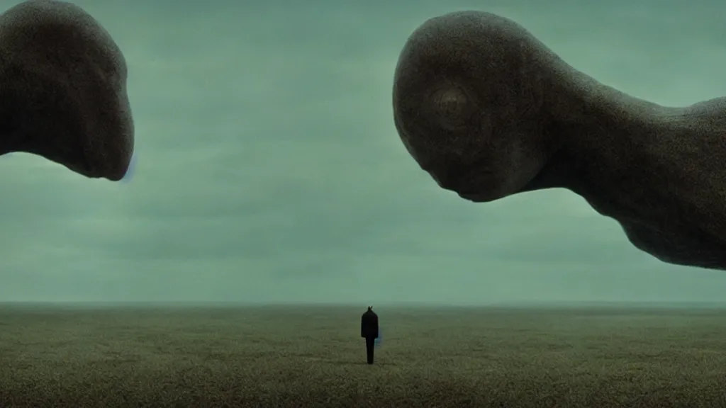 Prompt: the strange creature looks at the sky film still from the movie directed by denis villeneuve and david cronenberg with art direction by salvador dali and zdzisław beksinski, wide lens