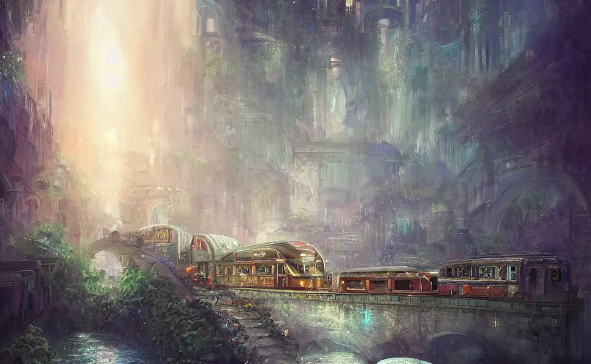 Image similar to An urban train rides inside of a waterway on a fantasy city, next to a fountain and a mystical palace. By William-Adolphe Bouguerea, Jordan grimmer, fractal flame. Highly_detailded