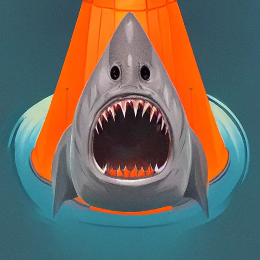 Image similar to great white shark with a conical orange traffic cone orange traffic cone orange traffic cone instead of a fin - ron cheng & alphonse mucha, highly detailed, digital painting, ray tracing, concept art, illustration, smooth sharp focus, intricate, symmetry, artstation,