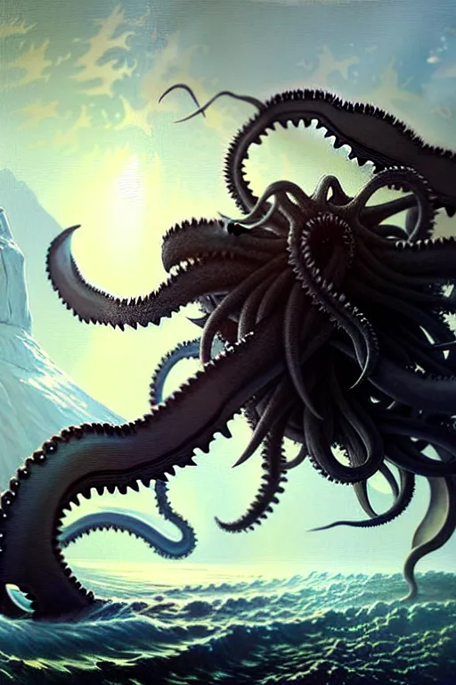 Image similar to greg rutkowski oil painting. kraken