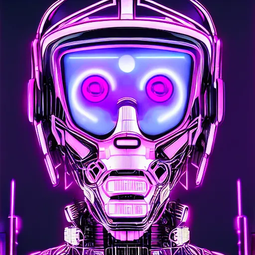 Image similar to Head of a robot with purple glowing eyes in cyberpunk neon Tokyo in style of Tsutomu Nihei. Cyberpunk, vertical symmetry, 8K, Highly Detailed, Intricate.