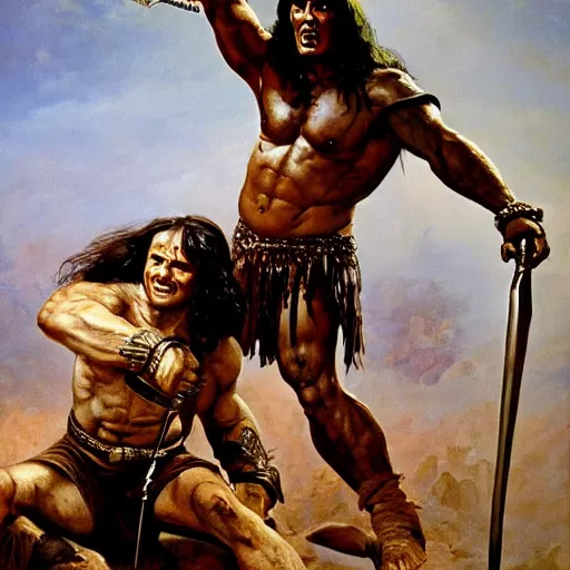 Prompt: “painting of Richard Dawkins as Conan the barbarian, with maiden clinging to his leg, by frank frazetta, detailed, 4K, artstation”