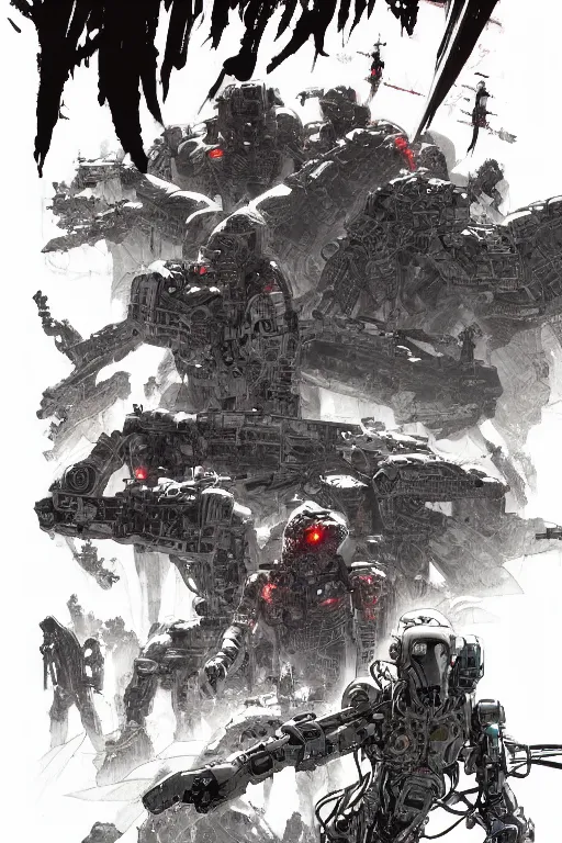 Image similar to cyborg bounty hunters at dawn, a color cover illustration by tsutomu nihei, tetsuo hara and katsuhiro otomo