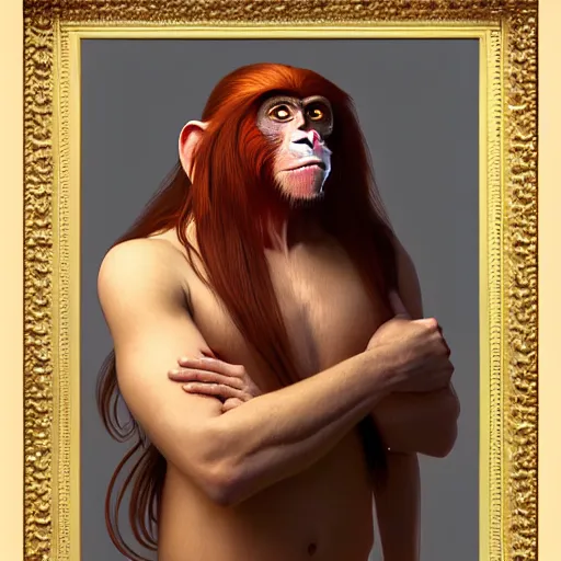 Prompt: portrait of a monkey with a humanoid face, male, handsome, masculine, full body, red hair, long hair, soft hair, fantasy, intricate, elegant, highly detailed, suit, coffee shop, digital painting, artstation, concept art, character art, smooth, sharp focus, illustration, art by artgerm and greg rutkowski and alphonse mucha