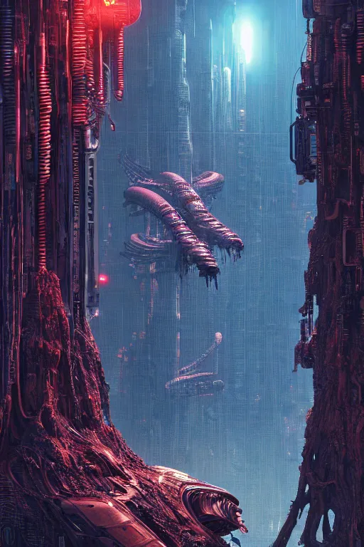 Image similar to alien environment, intricate detailed environment, photorealistic!, octane render, mechanical, concept art, cinematic lighting, digital art, interstellar, hyper realism, sharp, cyberpunk, 8 k, de dia los muertos. by angus mckie, moebius, maciej kuciara