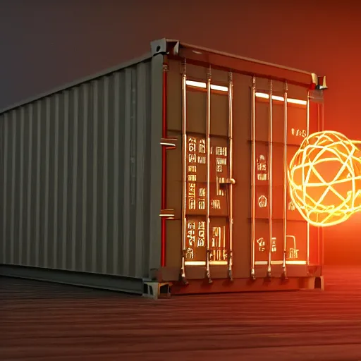 Prompt: a glowing nuclear microreactor inside a shipping container in a pleasant urban setting, in style of Isaac Zuren, peaceful, serene, 4k, octane render, blender, intricate