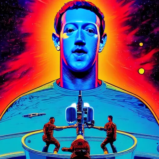 Image similar to majestic mark zuckerberg in space, satellite perspective, high details, bold line art, by vincent di fate and joe fenton, inking, etching, screen print, masterpiece, trending on artstation, sharp, high contrast, hyper - detailed, hd, 4 k, 8 k