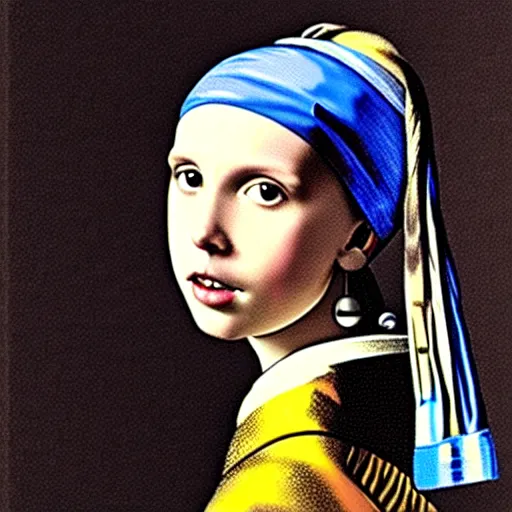 Image similar to Millie Bobby Brown with the pearl earring by Johannes Vermeer