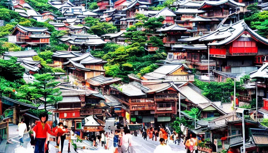 Prompt: A 1980s Japanese futuristic dream mountain town eco city themed like Jiufen, organic architecture, cable cars, chairlifts, flying cars, escalators, colorful