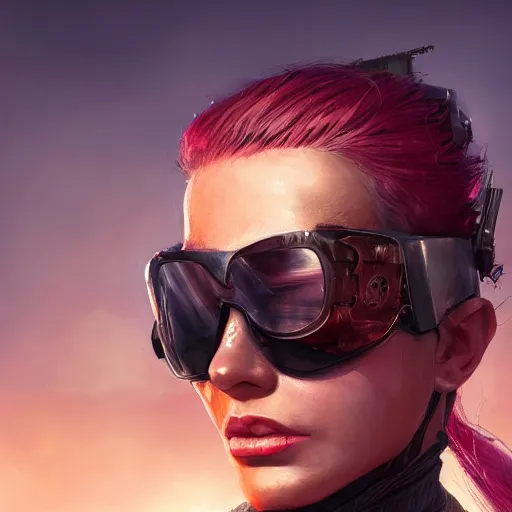 Prompt: closeup portrait of a female mercenary, sunglasses, shag hair, claws instead of fingernails, cyberpunk, sunset, neuromancer, city background, gorgeous view, high detail, digital art, chiaroscuro, painted by igor kieryluk and greg rutkowski, trending on artstation