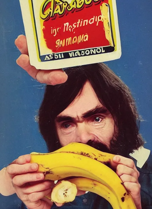 Image similar to vintage advertisement for a polaroid camera, charles manson slipping on a banana peel