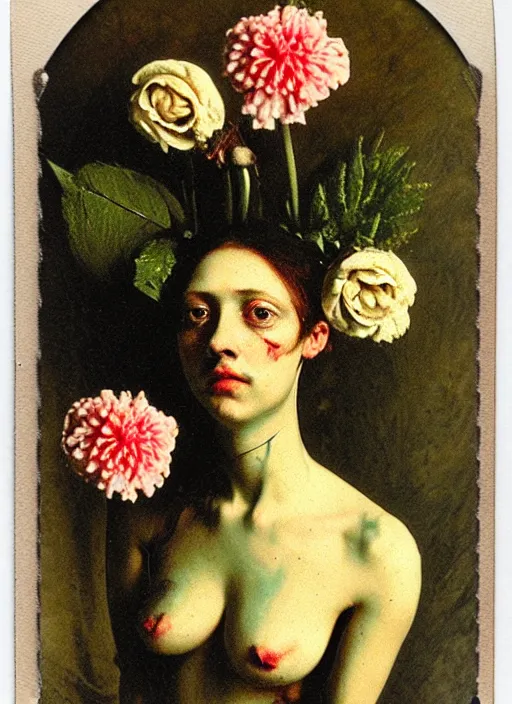Prompt: beautiful and detailed rotten woman made of plants and many types of stylized flowers like carnation, chrysanthemum, roses and tulips, intricate, john constable, guy denning, gustave courbet, caravaggio, romero ressendi 1 9 1 0 polaroid photo