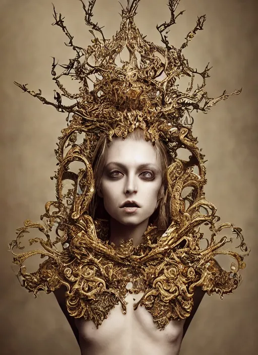 Prompt: a portrait of female by stefan geselle and nekro borja, photorealistic, intricate details, hyper realistic, fantasy, elegant, baroque gold headpiece, photorealistic, canon r 3, photography, wide shot, symmetrical features, wide angle shot, head to toe, standing pose, feet on the ground, wearable art